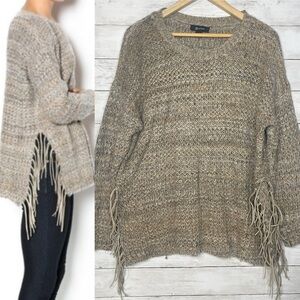 Zaria Marled Tan Fringe Sides Knit Oversized Sweater Large